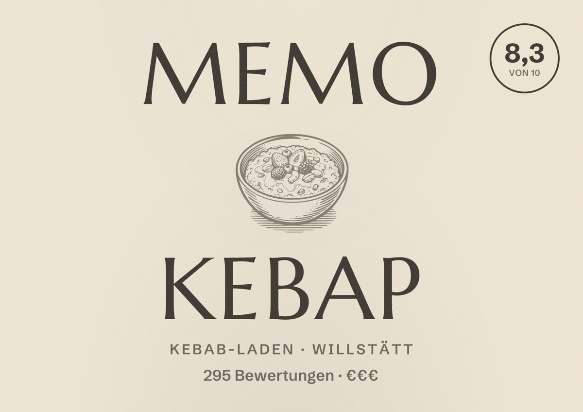 Illustriertes Poster von Memo Kebap, Kebab-Laden in Willstätt: Bewertung 8,3 von 10 aus 295 Bewertungen, Preisniveau €€€