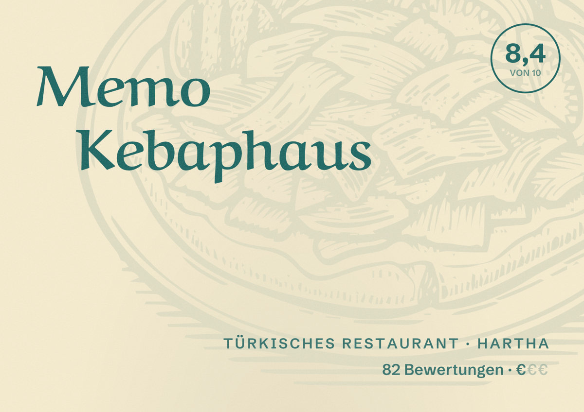 Illustriertes Poster von Memo Kebaphaus, Türkisches Restaurant in Hartha: Bewertung 8,4 von 10 aus 82 Bewertungen, Preisniveau €