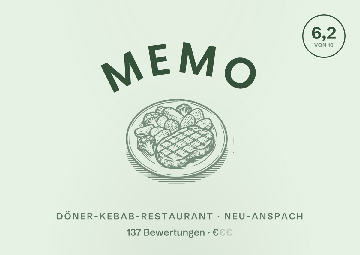 Illustriertes Poster von Memo, Döner-Kebab-Restaurant in Neu-Anspach: Bewertung 6,2 von 10 aus 137 Bewertungen, Preisniveau €
