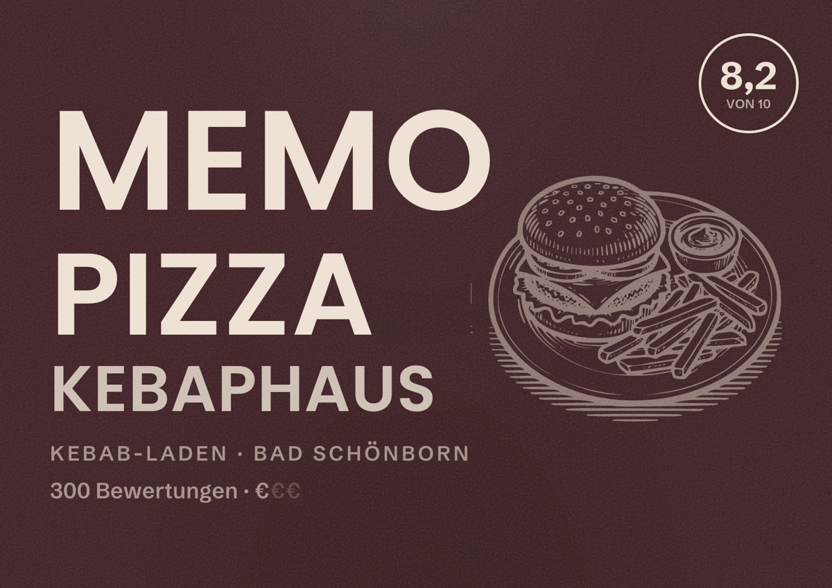 Illustriertes Poster von Memo Pizza Kebaphaus, Kebab-Laden in Bad Schönborn: Bewertung 8,2 von 10 aus 300 Bewertungen, Preisniveau €
