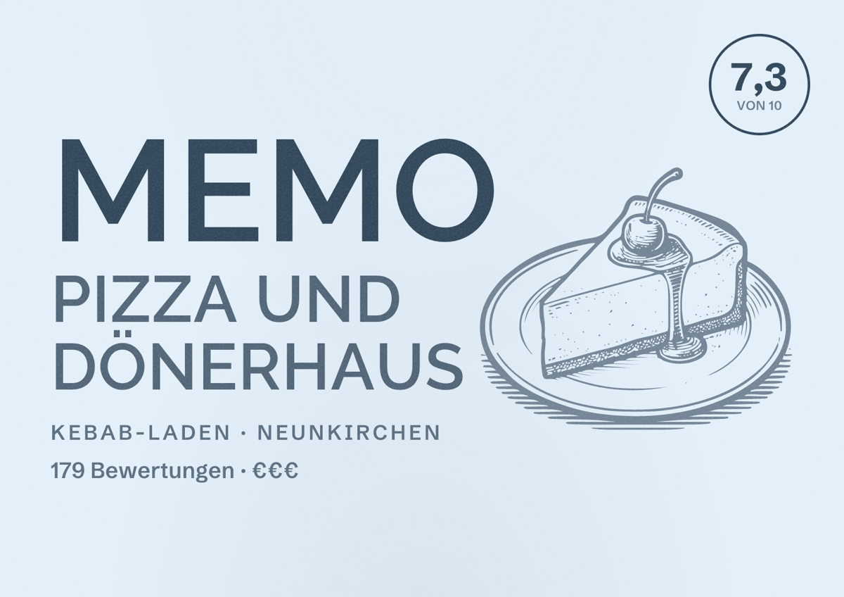 Illustriertes Poster von Memo Pizza und Dönerhaus, Kebab-Laden in Neunkirchen: Bewertung 7,3 von 10 aus 179 Bewertungen, Preisniveau €€€