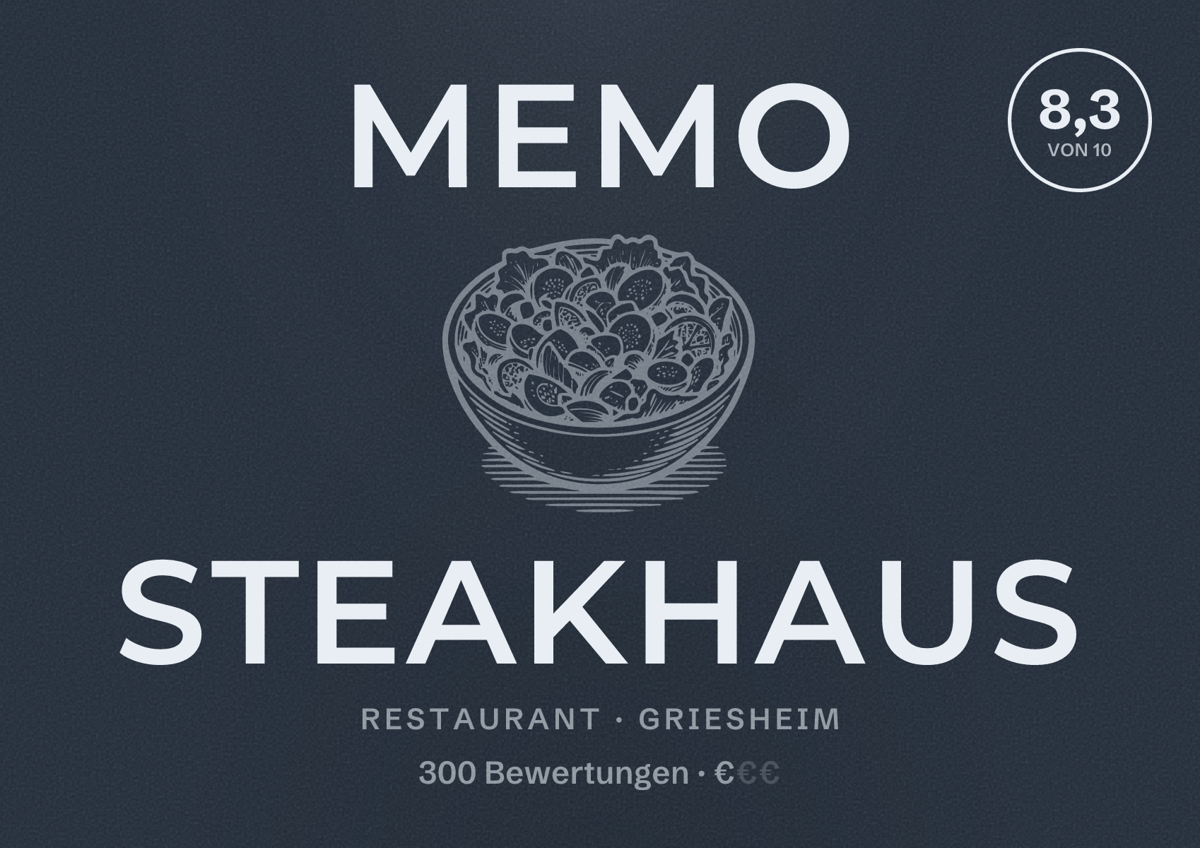 Illustriertes Poster von Memo Steakhaus, Restaurant in Griesheim: Bewertung 8,3 von 10 aus 300 Bewertungen, Preisniveau €