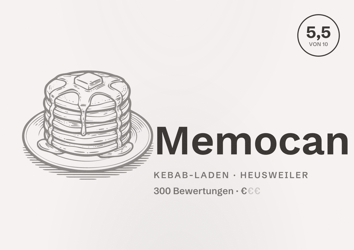 Illustriertes Poster von Memocan, Kebab-Laden in Heusweiler: Bewertung 5,5 von 10 aus 300 Bewertungen, Preisniveau €