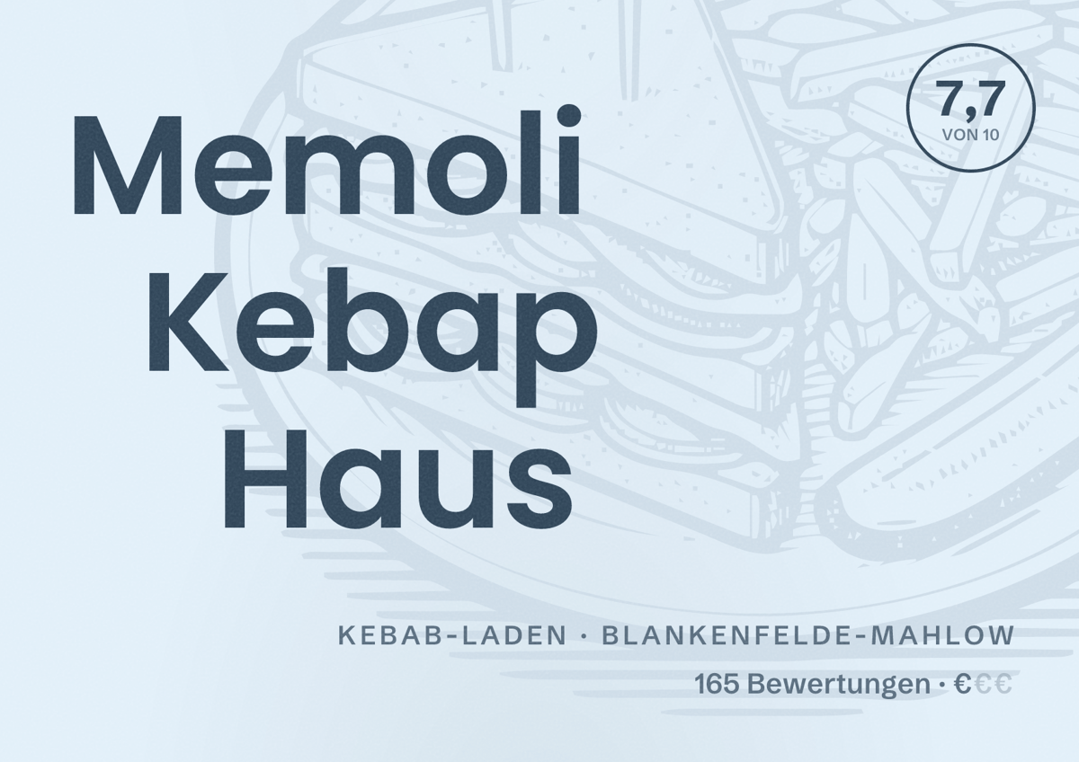 Illustriertes Poster von Memoli Kebap Haus, Kebab-Laden in Blankenfelde-Mahlow: Bewertung 7,7 von 10 aus 165 Bewertungen, Preisniveau €