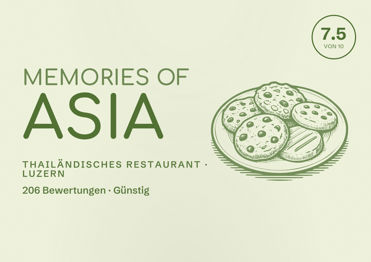 Illustriertes Poster von Memories of Asia, Thailändisches Restaurant in Luzern: Bewertung 7.5 von 10 aus 206 Bewertungen, Preisniveau Günstig