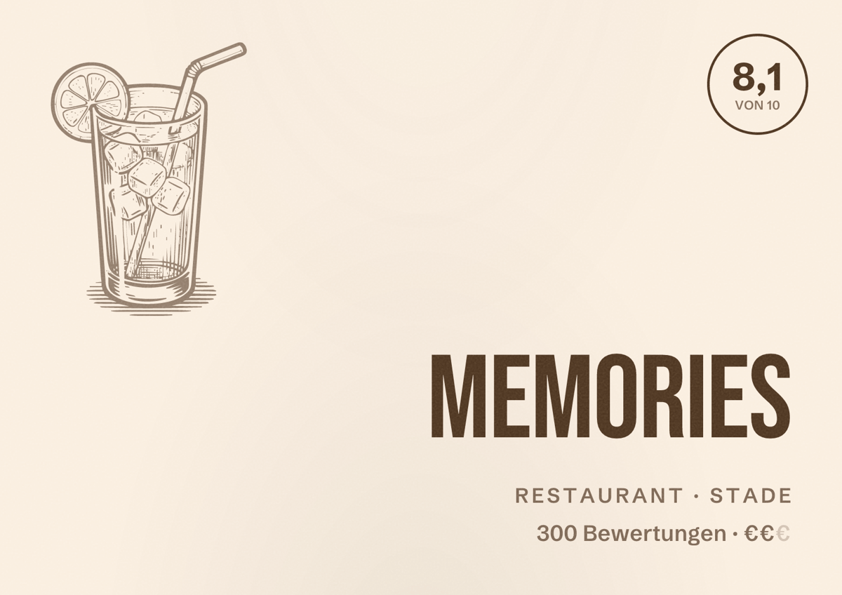 Illustriertes Poster von Memories, Restaurant in Stade: Bewertung 8,1 von 10 aus 300 Bewertungen, Preisniveau €€
