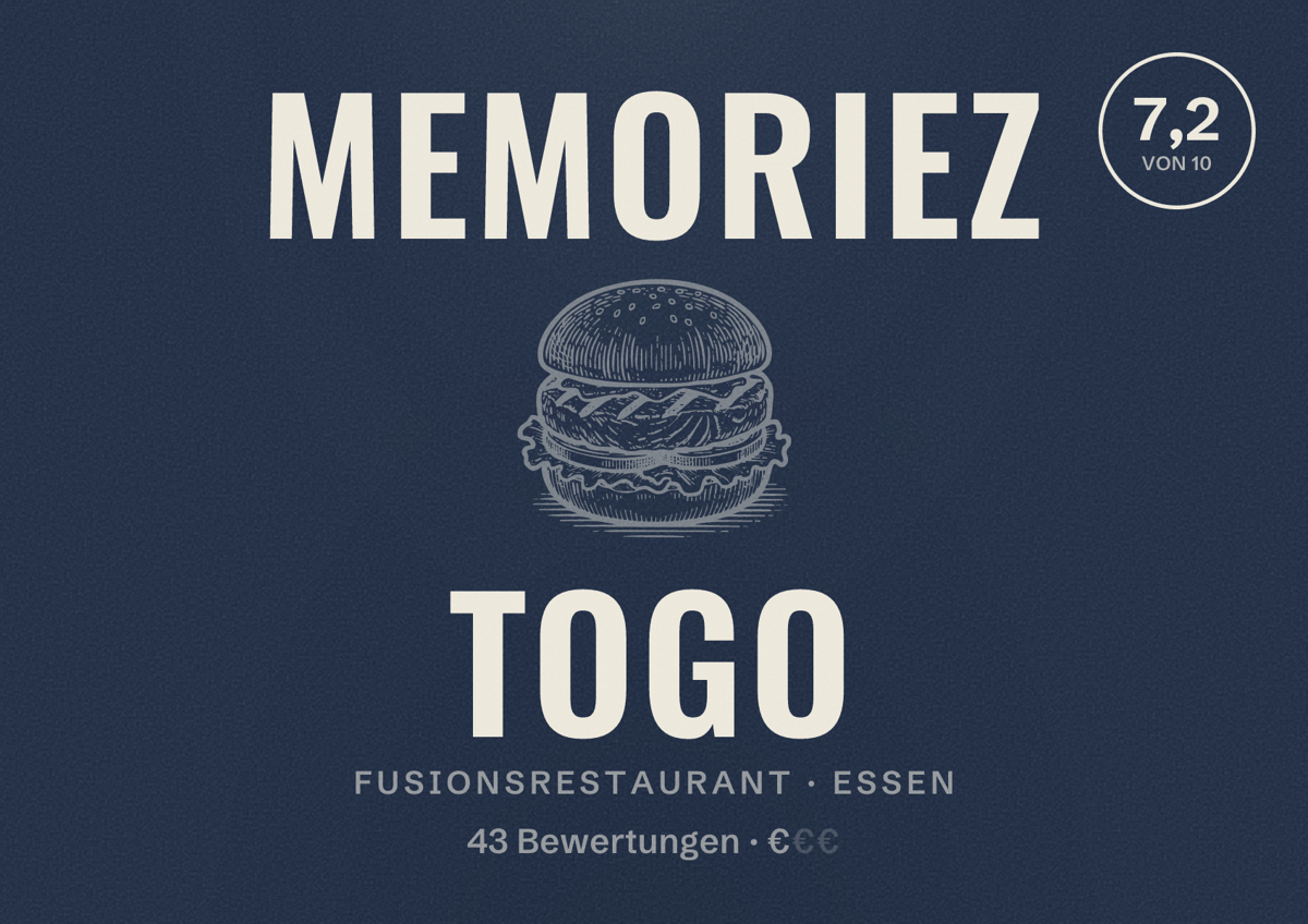 Illustriertes Poster von MemorieZ TOGO, Fusionsrestaurant in Essen: Bewertung 7,2 von 10 aus 43 Bewertungen, Preisniveau €