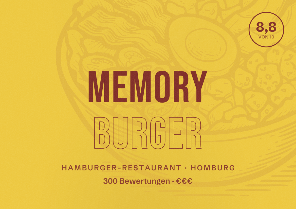 Illustriertes Poster von Memory Burger, Hamburger-Restaurant in Homburg: Bewertung 8,8 von 10 aus 300 Bewertungen, Preisniveau €€€