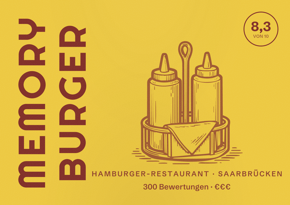 Illustriertes Poster von Memory Burger, Hamburger-Restaurant in Saarbrücken: Bewertung 8,3 von 10 aus 300 Bewertungen, Preisniveau €€€