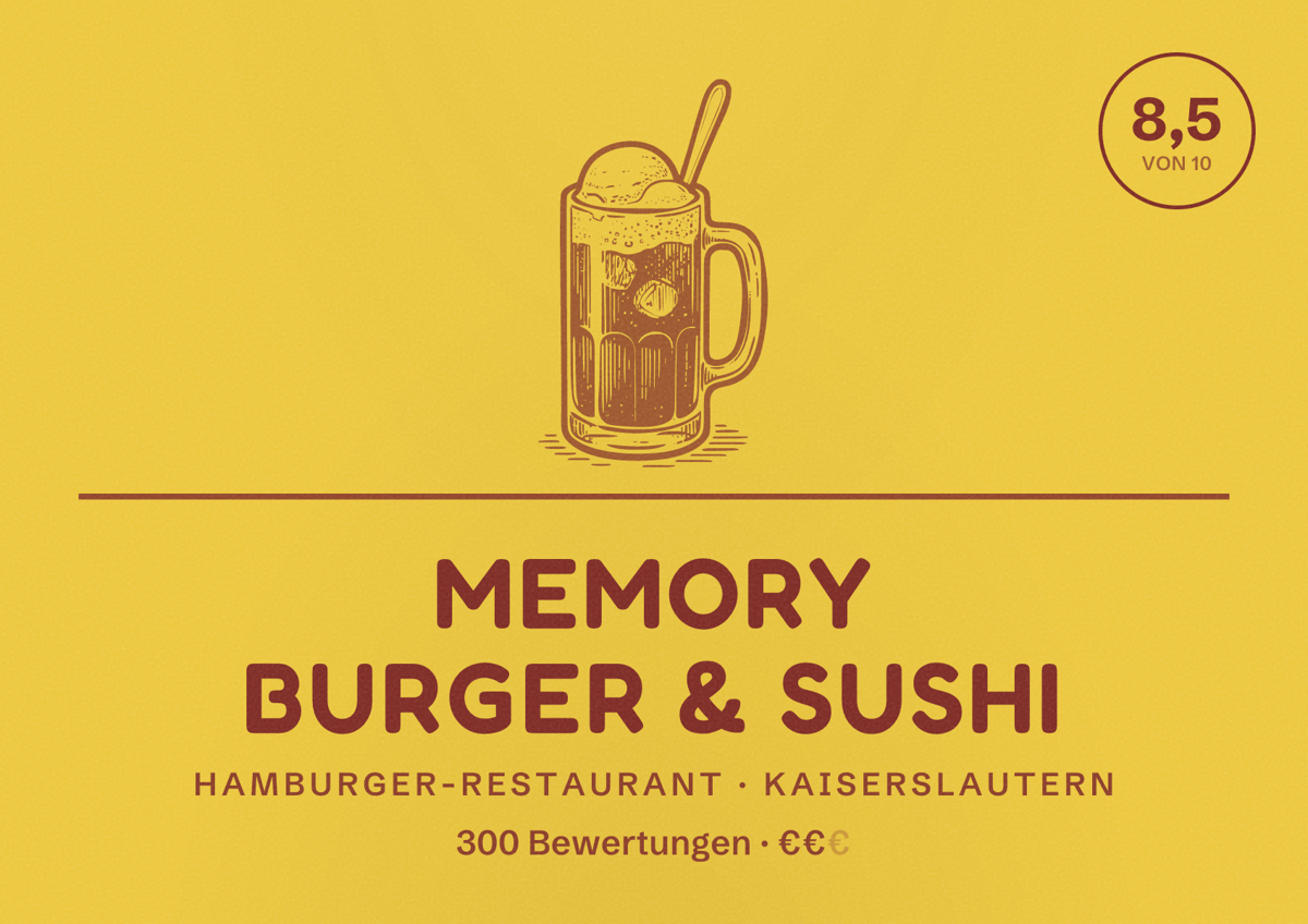 Illustriertes Poster von Memory Burger & Sushi, Hamburger-Restaurant in Kaiserslautern: Bewertung 8,5 von 10 aus 300 Bewertungen, Preisniveau €€