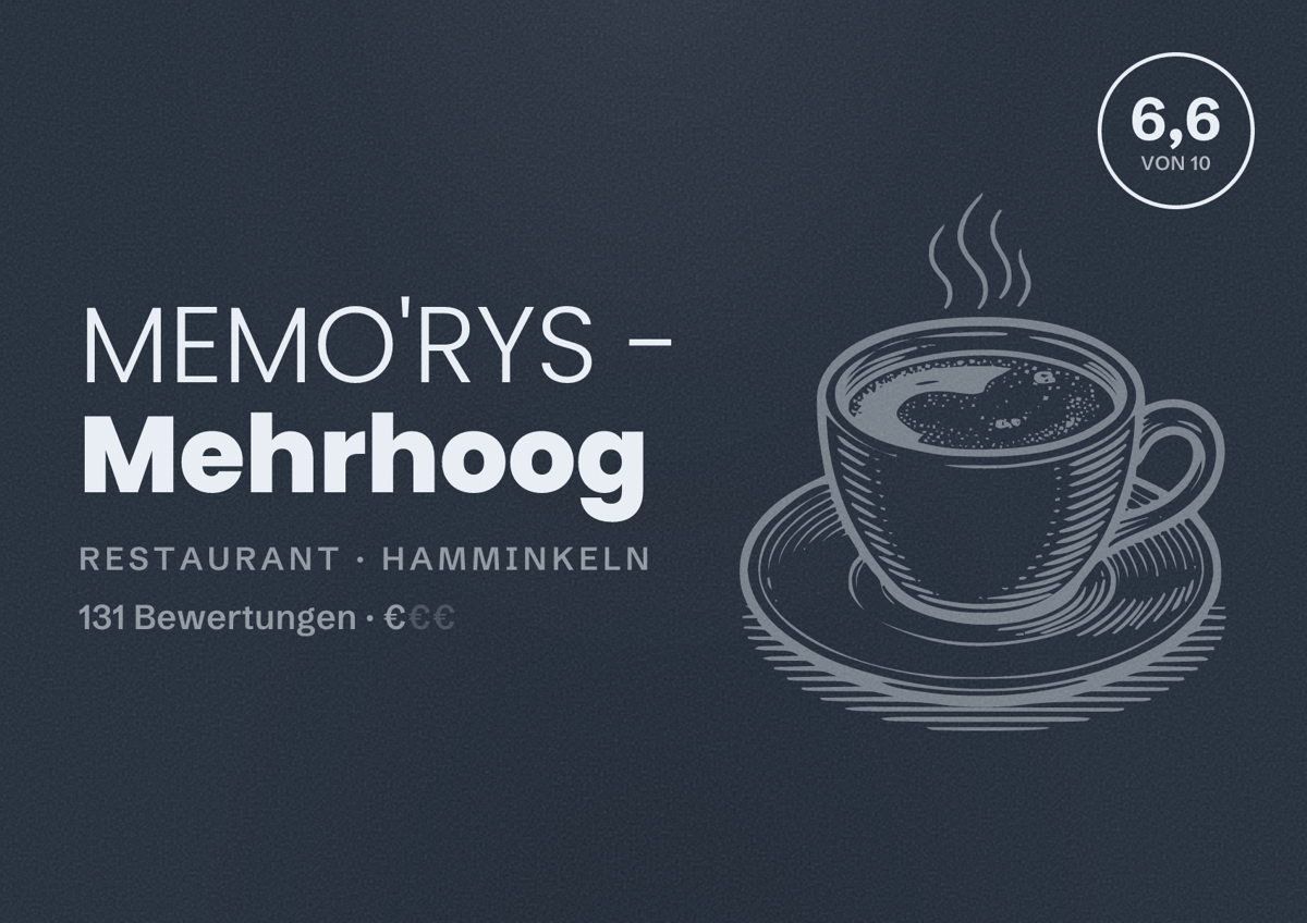 Illustriertes Poster von MEMO'RYS - Mehrhoog, Restaurant in Hamminkeln: Bewertung 6,6 von 10 aus 131 Bewertungen, Preisniveau €