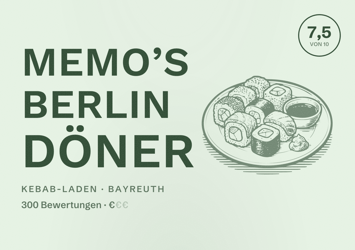 Illustriertes Poster von Memo’s Berlin Döner, Kebab-Laden in Bayreuth: Bewertung 7,5 von 10 aus 300 Bewertungen, Preisniveau €