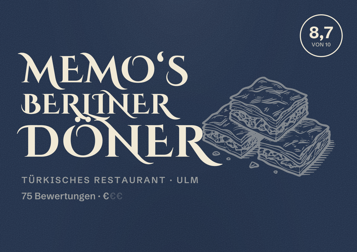 Illustriertes Poster von MEMO‘S BERLINER DÖNER, Türkisches Restaurant in Ulm: Bewertung 8,7 von 10 aus 75 Bewertungen, Preisniveau €