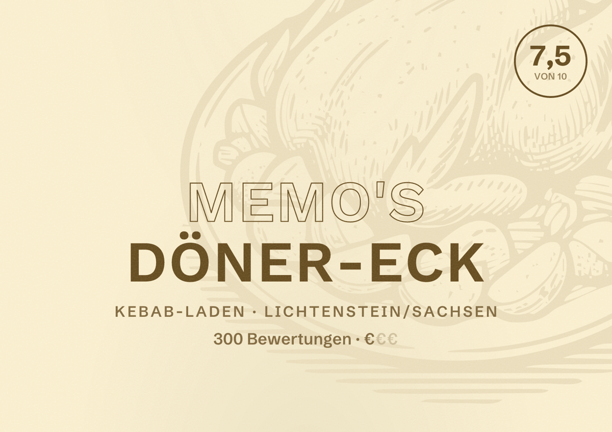 Illustriertes Poster von Memo's Döner-Eck, Kebab-Laden in Lichtenstein/Sachsen: Bewertung 7,5 von 10 aus 300 Bewertungen, Preisniveau €