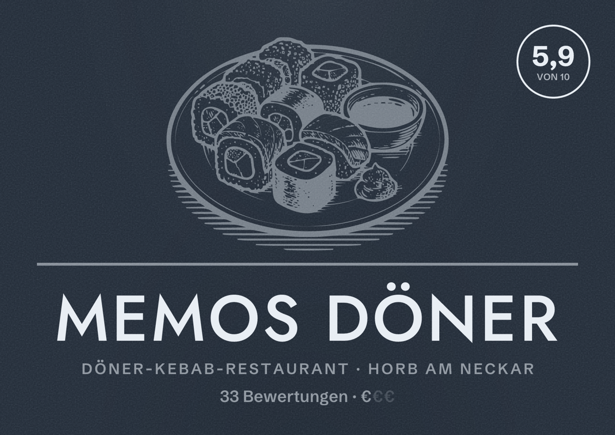 Illustriertes Poster von Memos Döner, Döner-Kebab-Restaurant in Horb am Neckar: Bewertung 5,9 von 10 aus 33 Bewertungen, Preisniveau €