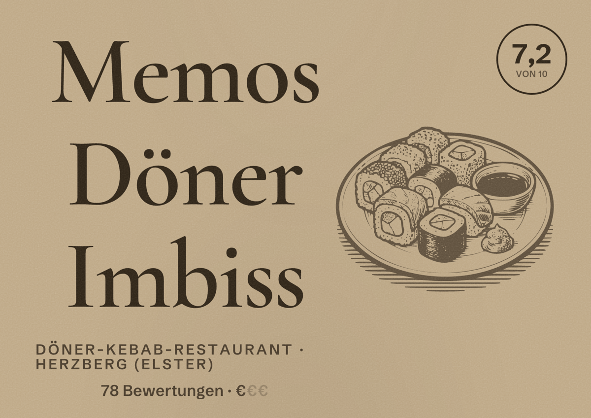 Illustriertes Poster von Memos Döner Imbiss, Döner-Kebab-Restaurant in Herzberg (Elster): Bewertung 7,2 von 10 aus 78 Bewertungen, Preisniveau €