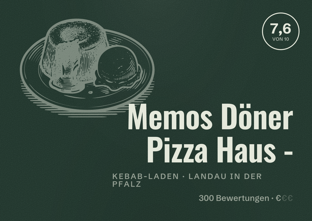 Illustriertes Poster von Memos Döner Pizza Haus -, Kebab-Laden in Landau in der Pfalz: Bewertung 7,6 von 10 aus 300 Bewertungen, Preisniveau €