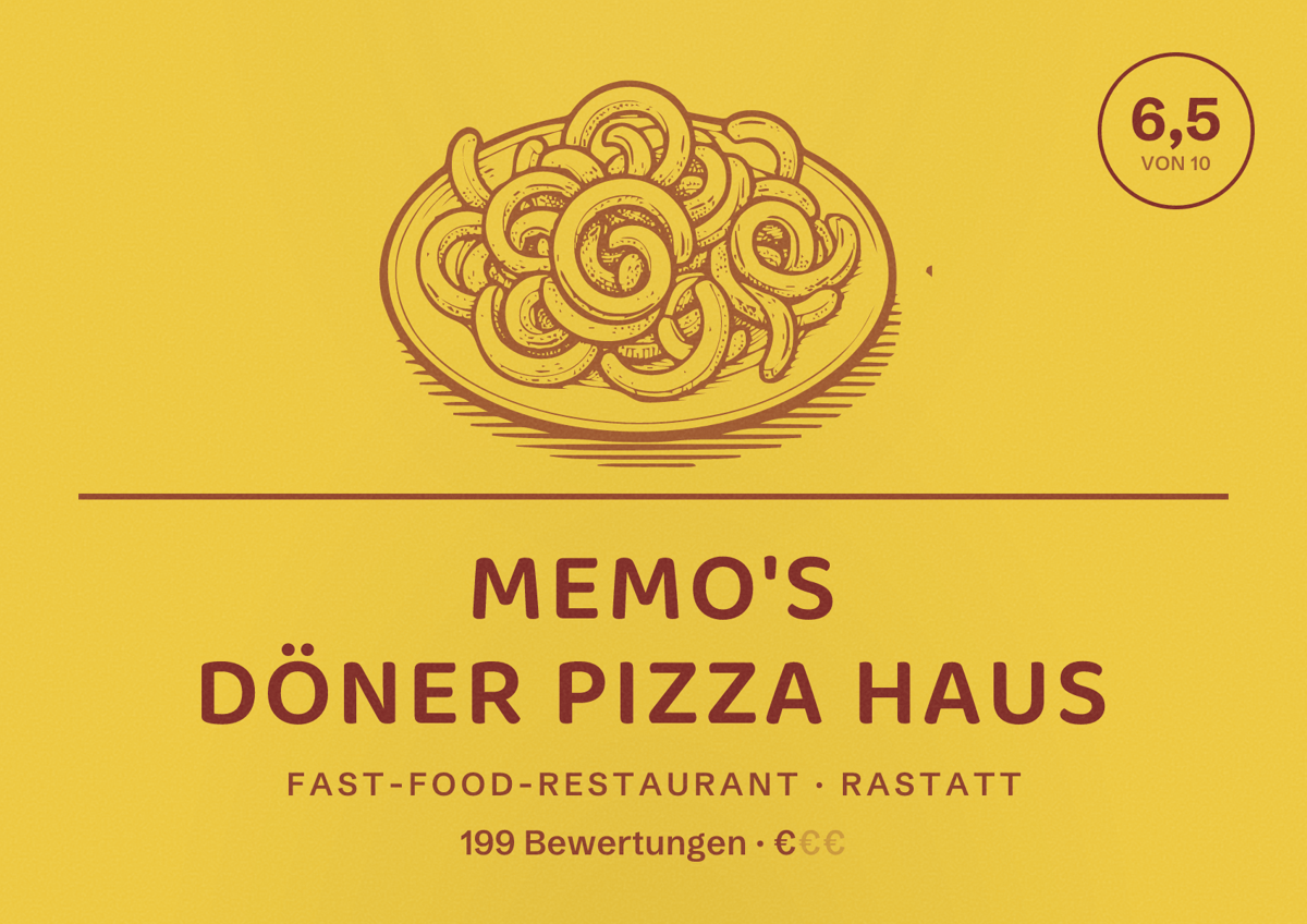 Illustriertes Poster von MEMO'S Döner Pizza Haus, Fast-Food-Restaurant in Rastatt: Bewertung 6,5 von 10 aus 199 Bewertungen, Preisniveau €
