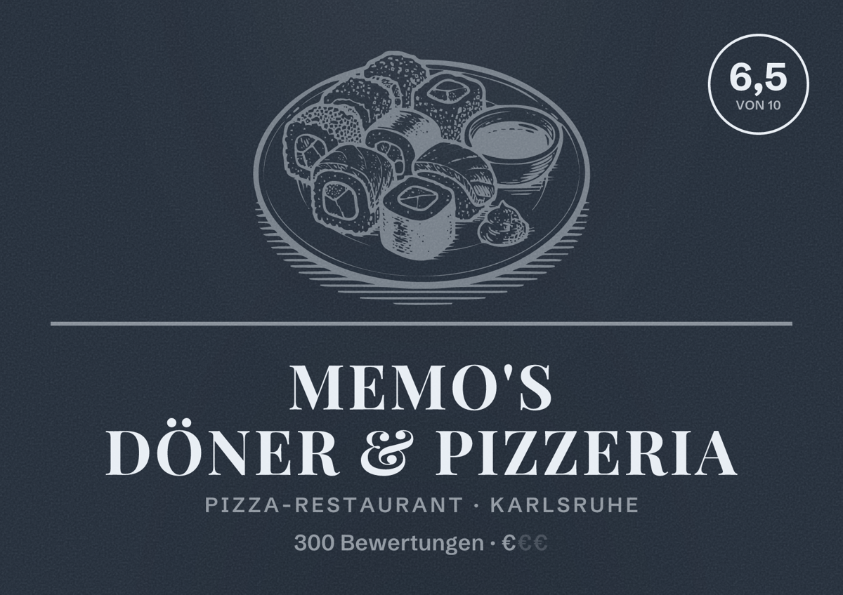 Illustriertes Poster von Memo's Döner & Pizzeria, Pizza-Restaurant in Karlsruhe: Bewertung 6,5 von 10 aus 300 Bewertungen, Preisniveau €