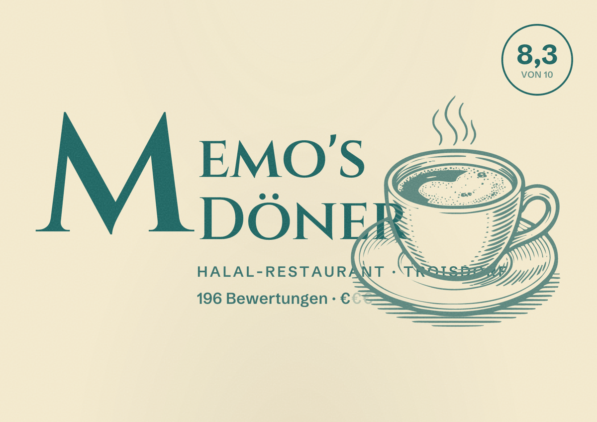 Illustriertes Poster von Memo's Döner, Halal-Restaurant in Troisdorf: Bewertung 8,3 von 10 aus 196 Bewertungen, Preisniveau €