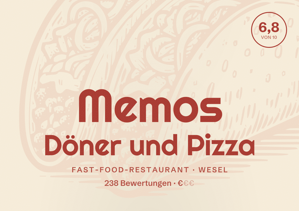 Illustriertes Poster von Memos Döner und Pizza, Fast-Food-Restaurant in Wesel: Bewertung 6,8 von 10 aus 238 Bewertungen, Preisniveau €