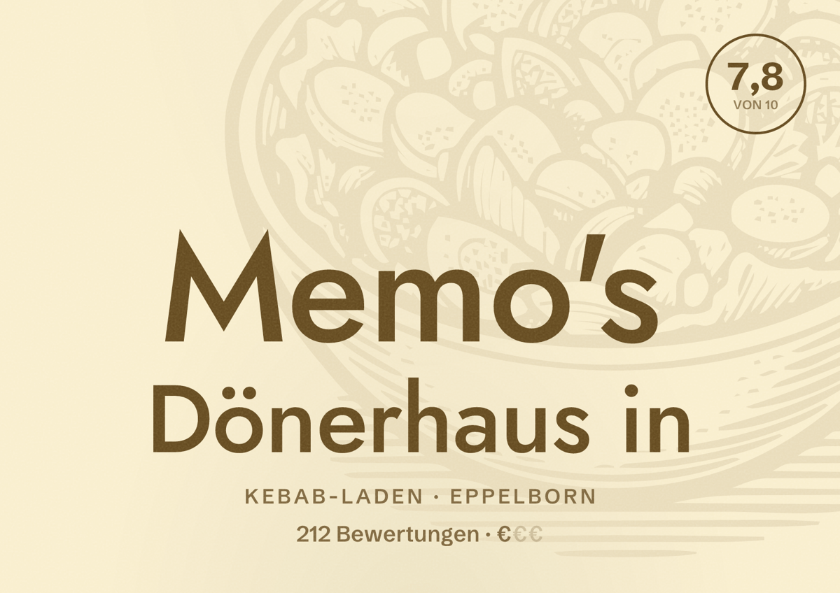 Illustriertes Poster von Memo's Dönerhaus in, Kebab-Laden in Eppelborn: Bewertung 7,8 von 10 aus 212 Bewertungen, Preisniveau €