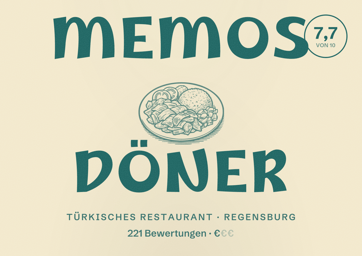 Illustriertes Poster von Memos Döner, Türkisches Restaurant in Regensburg: Bewertung 7,7 von 10 aus 221 Bewertungen, Preisniveau €