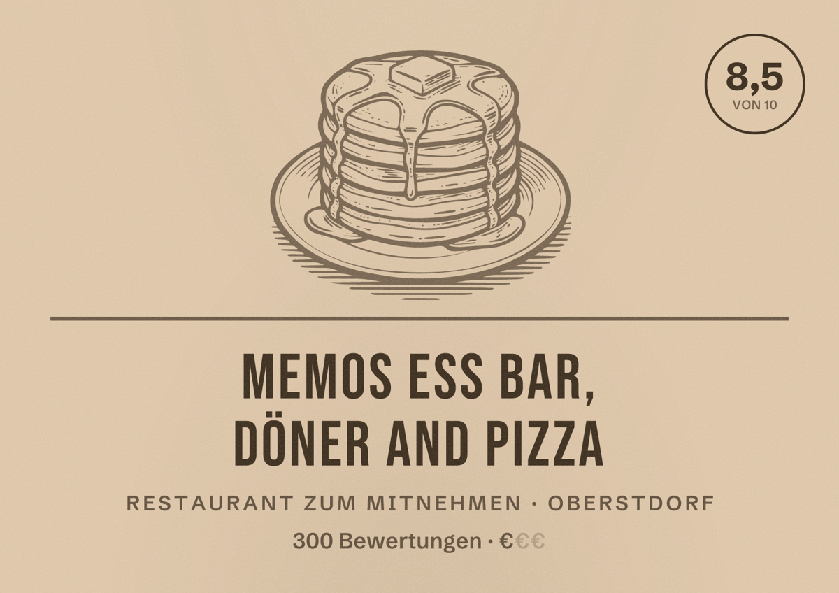 Illustriertes Poster von Memos Ess Bar, Döner and Pizza, Restaurant zum Mitnehmen in Oberstdorf: Bewertung 8,5 von 10 aus 300 Bewertungen, Preisniveau €