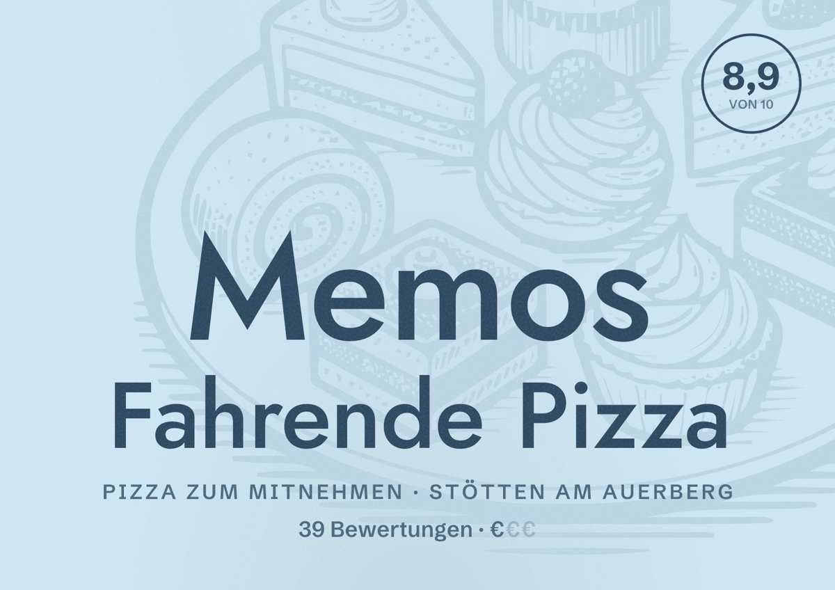 Illustriertes Poster von Memos Fahrende Pizza, Pizza zum Mitnehmen in Stötten am Auerberg: Bewertung 8,9 von 10 aus 39 Bewertungen, Preisniveau €