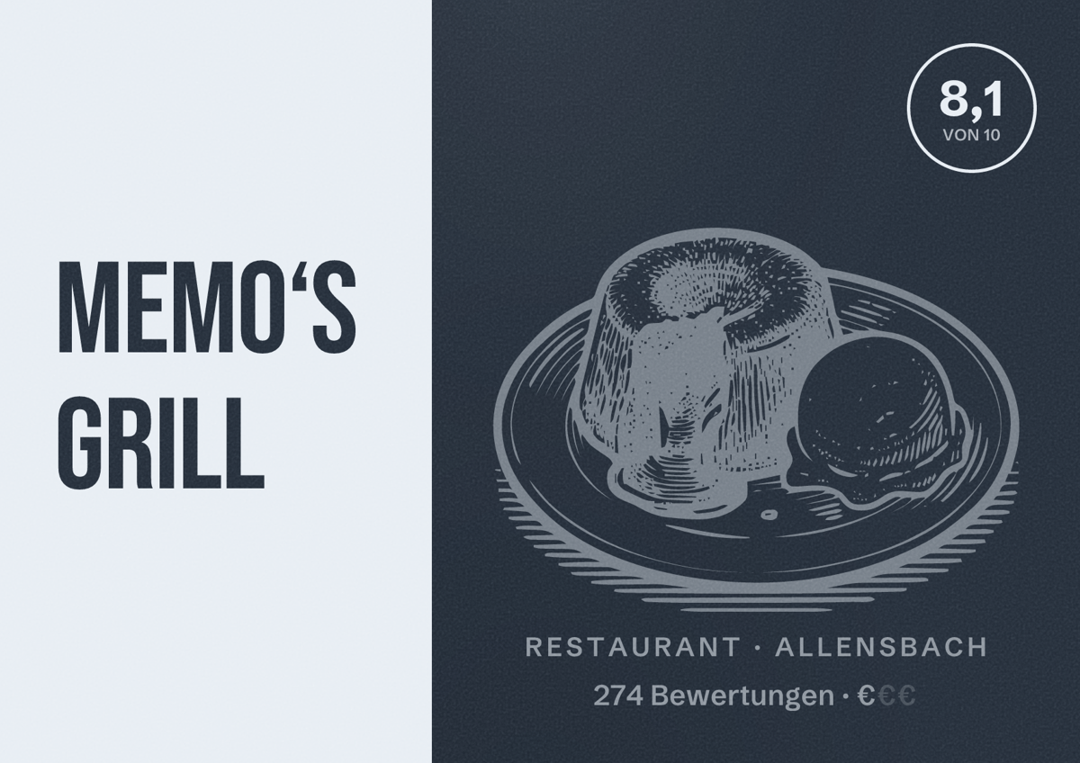 Illustriertes Poster von Memo‘s Grill, Restaurant in Allensbach: Bewertung 8,1 von 10 aus 274 Bewertungen, Preisniveau €