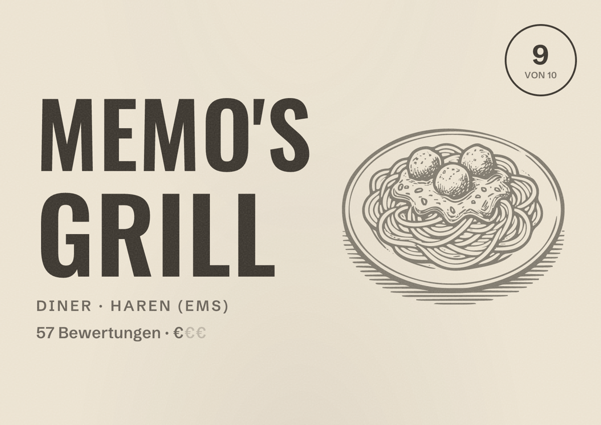 Illustriertes Poster von Memo's Grill, Diner in Haren (Ems): Bewertung 9 von 10 aus 57 Bewertungen, Preisniveau €
