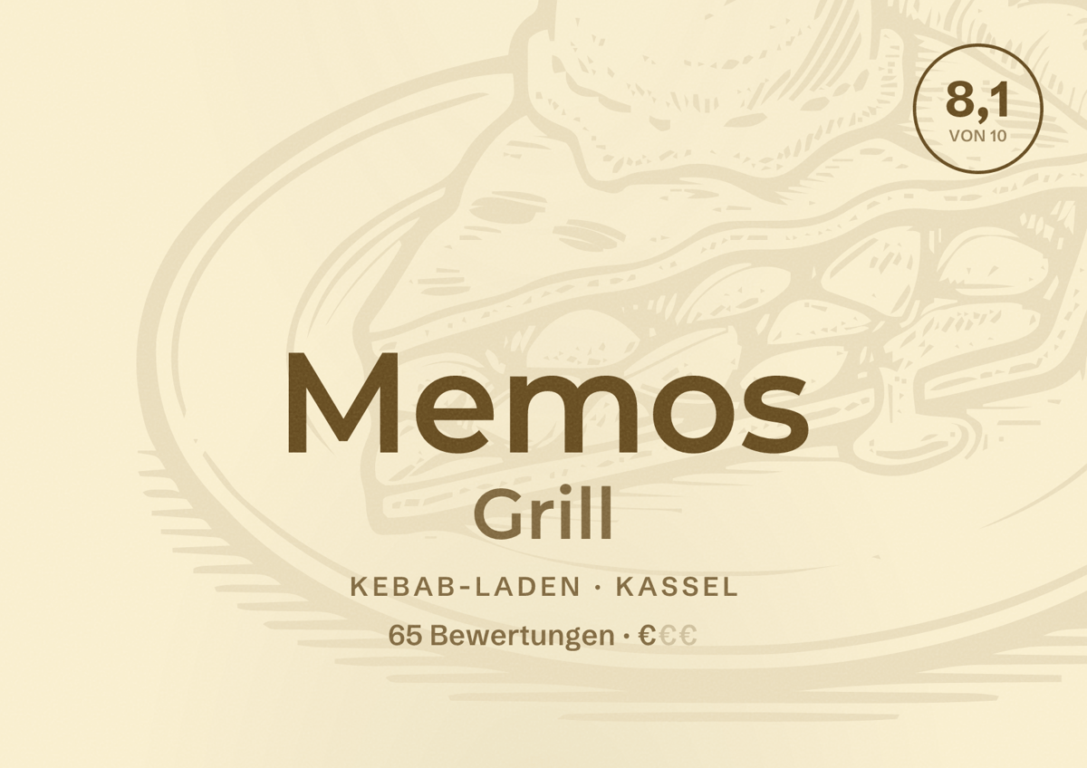 Illustriertes Poster von Memos Grill, Kebab-Laden in Kassel: Bewertung 8,1 von 10 aus 65 Bewertungen, Preisniveau €