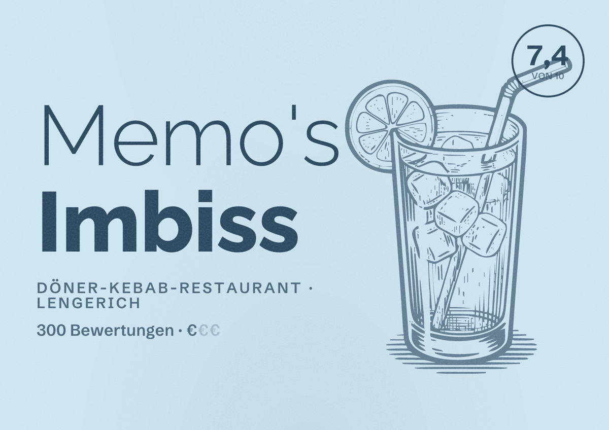 Illustriertes Poster von Memo's Imbiss, Döner-Kebab-Restaurant in Lengerich: Bewertung 7,4 von 10 aus 300 Bewertungen, Preisniveau €