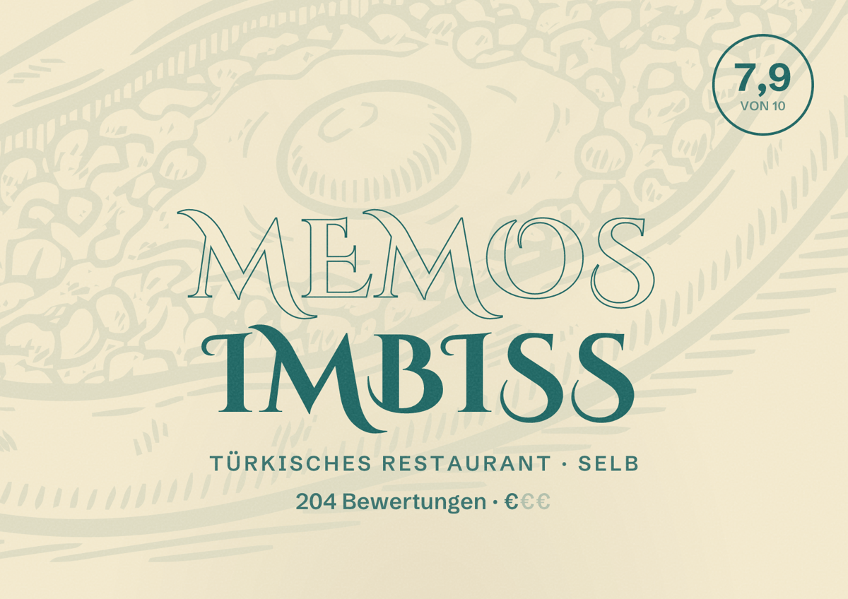 Illustriertes Poster von Memos Imbiss, Türkisches Restaurant in Selb: Bewertung 7,9 von 10 aus 204 Bewertungen, Preisniveau €