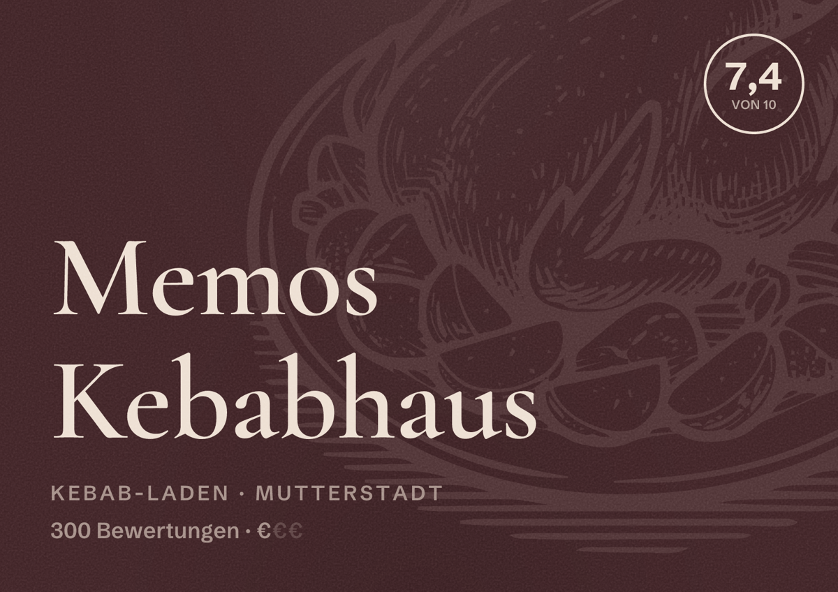 Illustriertes Poster von Memos Kebabhaus, Kebab-Laden in Mutterstadt: Bewertung 7,4 von 10 aus 300 Bewertungen, Preisniveau €