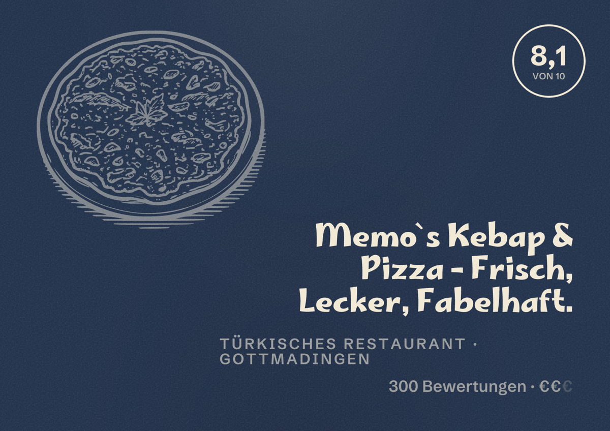 Illustriertes Poster von Memo`s Kebap & Pizza - Frisch, Lecker, Fabelhaft., Türkisches Restaurant in Gottmadingen: Bewertung 8,1 von 10 aus 300 Bewertungen, Preisniveau €€