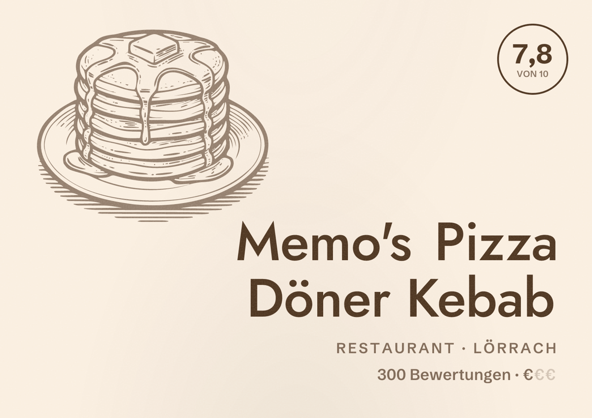 Illustriertes Poster von Memo's Pizza Döner Kebab, Restaurant in Lörrach: Bewertung 7,8 von 10 aus 300 Bewertungen, Preisniveau €