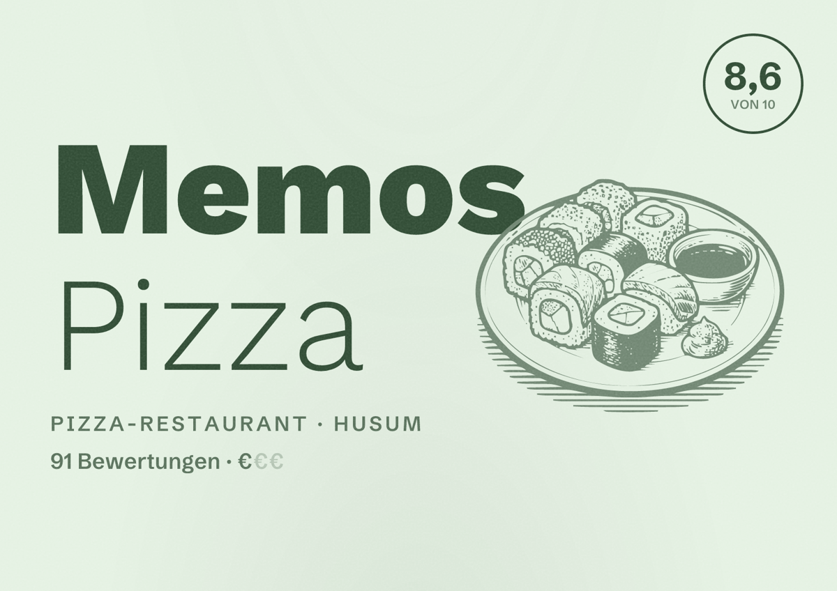 Illustriertes Poster von Memos Pizza, Pizza-Restaurant in Husum: Bewertung 8,6 von 10 aus 91 Bewertungen, Preisniveau €