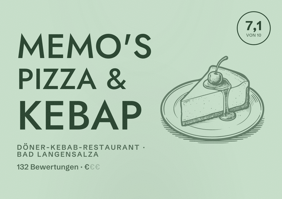 Illustriertes Poster von Memo's Pizza & Kebap, Döner-Kebab-Restaurant in Bad Langensalza: Bewertung 7,1 von 10 aus 132 Bewertungen, Preisniveau €