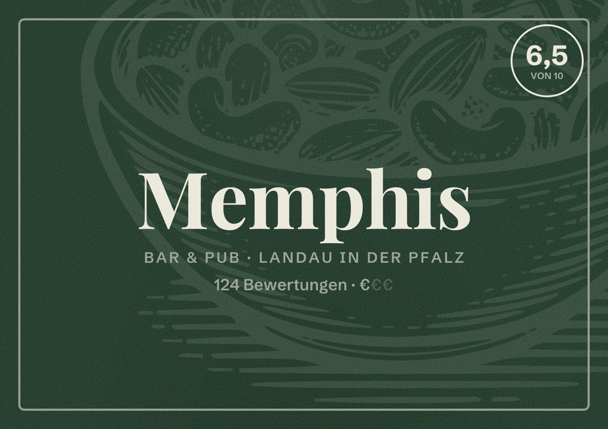 Illustriertes Poster von Memphis, Bar & Pub in Landau in der Pfalz: Bewertung 6,5 von 10 aus 124 Bewertungen, Preisniveau €