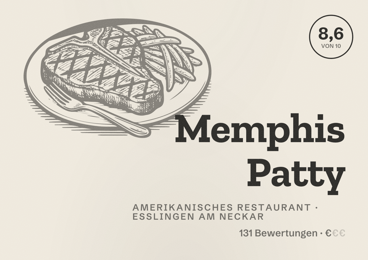 Illustriertes Poster von Memphis Patty, Amerikanisches Restaurant in Esslingen am Neckar: Bewertung 8,6 von 10 aus 131 Bewertungen, Preisniveau €