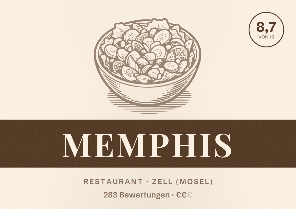 Illustriertes Poster von Memphis, Restaurant in Zell (Mosel): Bewertung 8,7 von 10 aus 283 Bewertungen, Preisniveau €€