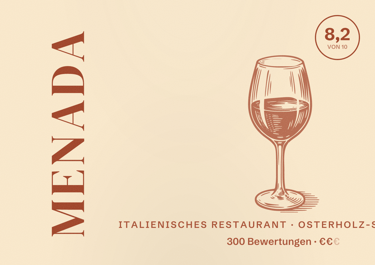 Illustriertes Poster von Menada, Italienisches Restaurant in Osterholz-Scharmbeck: Bewertung 8,2 von 10 aus 300 Bewertungen, Preisniveau €€