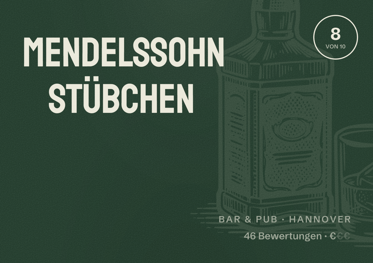 Illustriertes Poster von Mendelssohn Stübchen, Bar & Pub in Hannover: Bewertung 8 von 10 aus 46 Bewertungen, Preisniveau €