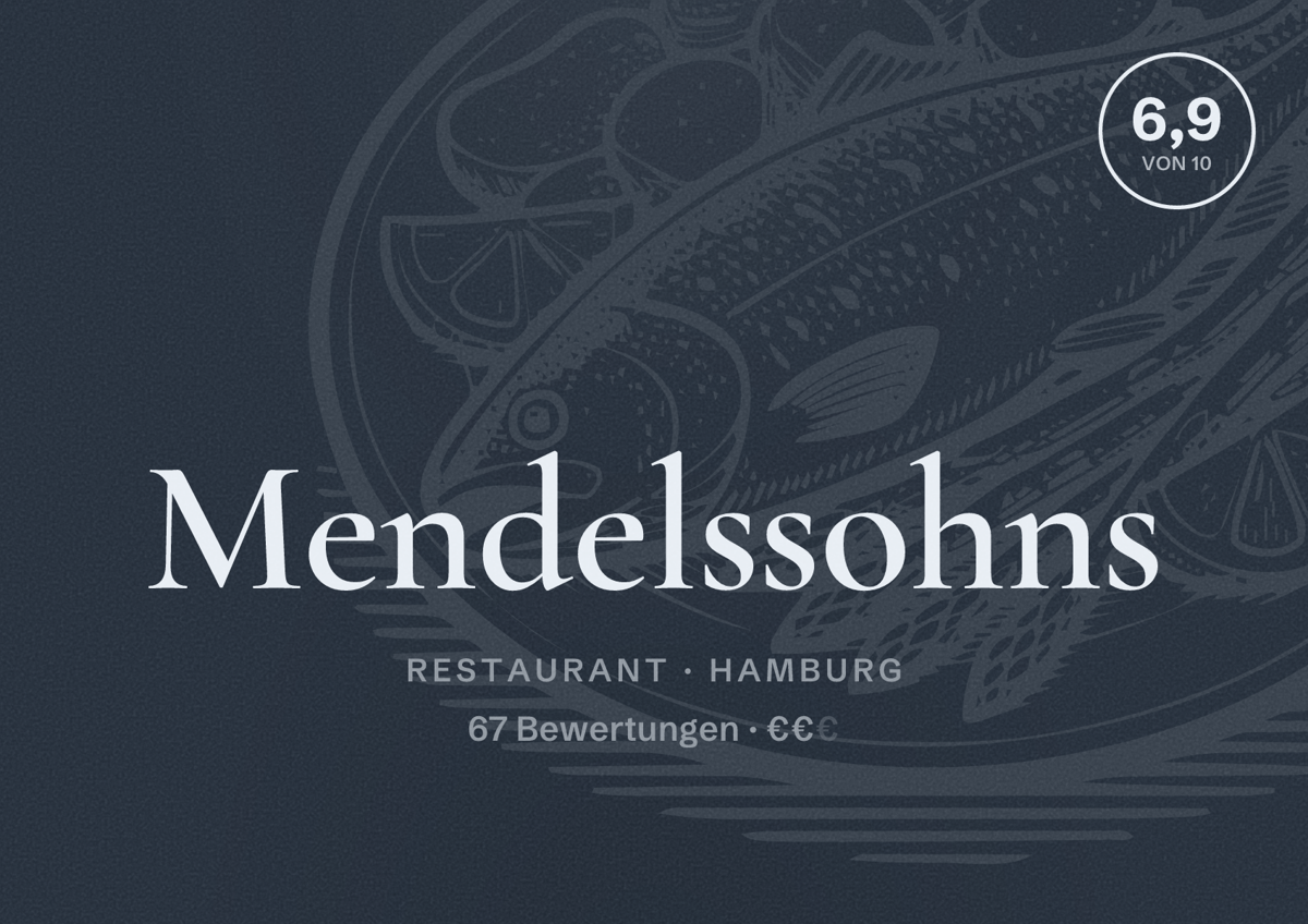Illustriertes Poster von Mendelssohns, Restaurant in Hamburg: Bewertung 6,9 von 10 aus 67 Bewertungen, Preisniveau €€