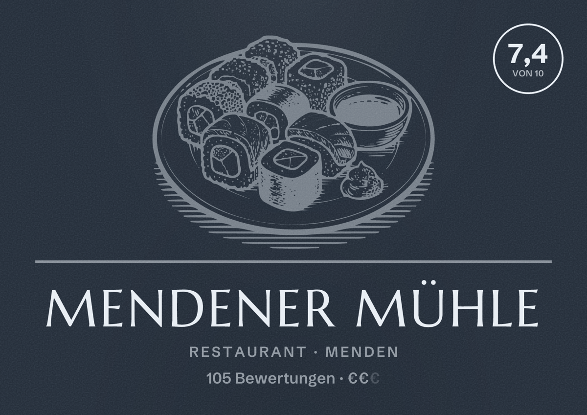 Illustriertes Poster von Mendener Mühle, Restaurant in Menden: Bewertung 7,4 von 10 aus 105 Bewertungen, Preisniveau €€