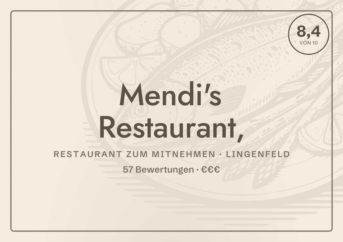 Illustriertes Poster von Mendi's Restaurant,, Restaurant zum Mitnehmen in Lingenfeld: Bewertung 8,4 von 10 aus 57 Bewertungen, Preisniveau €€€
