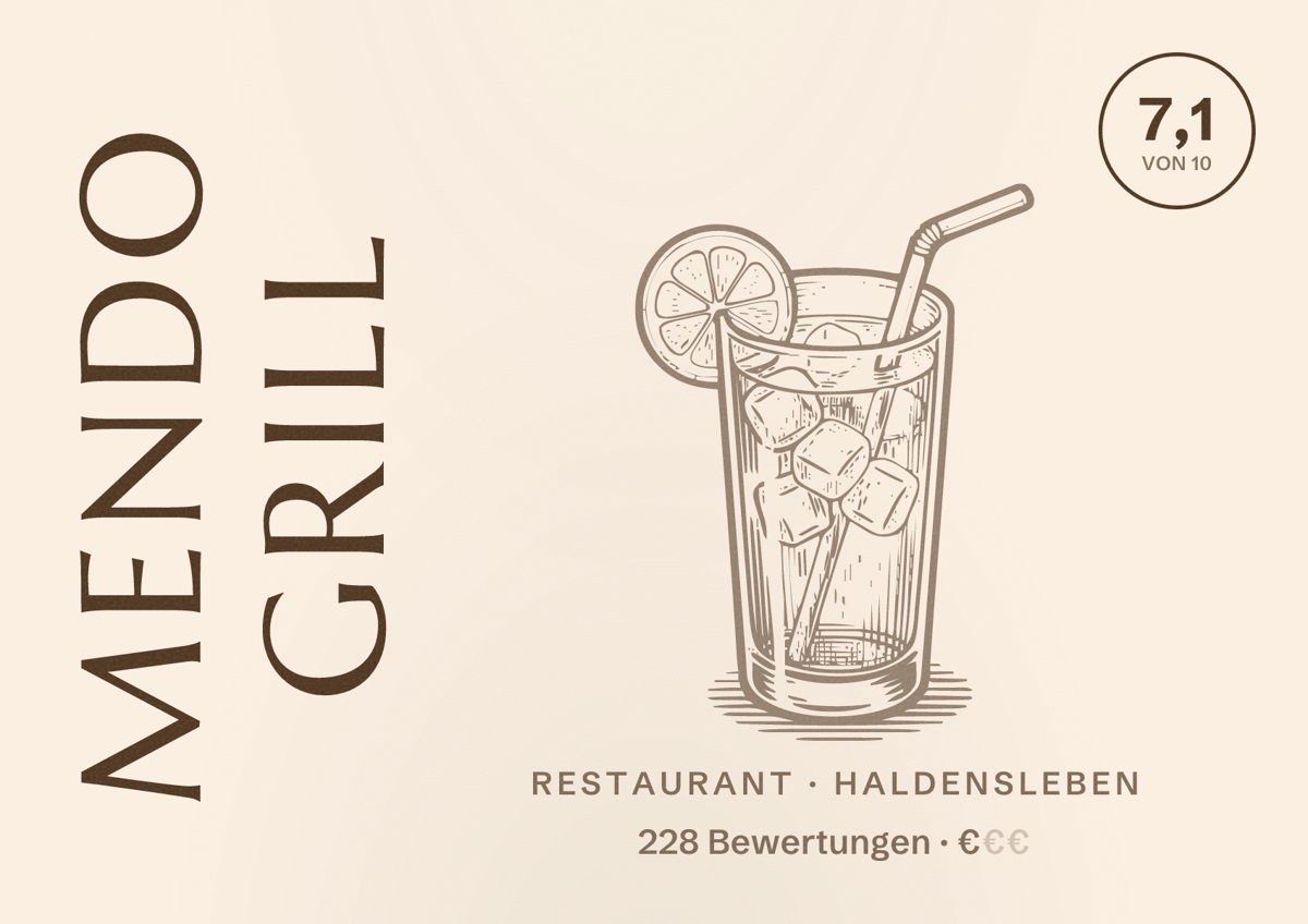 Illustriertes Poster von Mendo Grill, Restaurant in Haldensleben: Bewertung 7,1 von 10 aus 228 Bewertungen, Preisniveau €