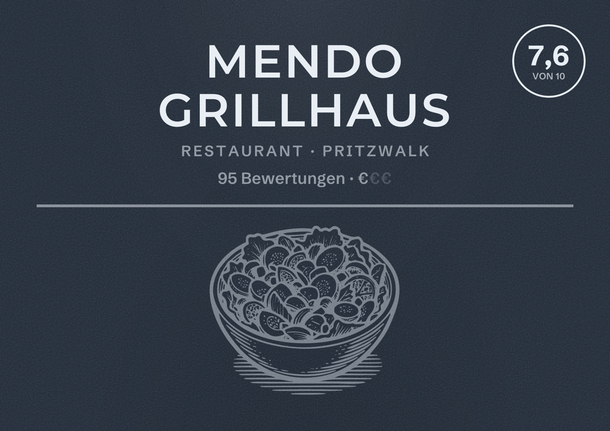 Illustriertes Poster von Mendo Grillhaus, Restaurant in Pritzwalk: Bewertung 7,6 von 10 aus 95 Bewertungen, Preisniveau €
