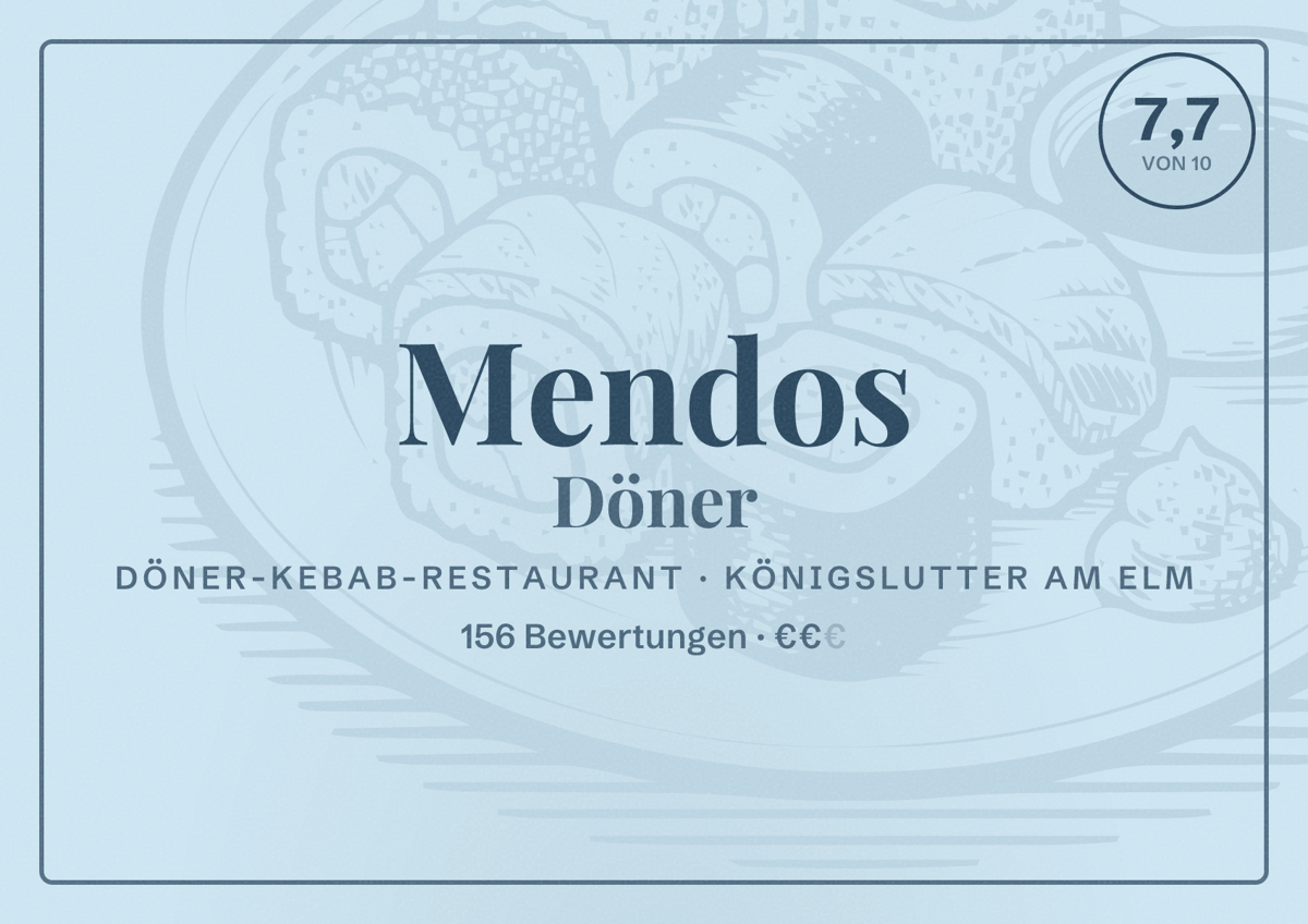 Illustriertes Poster von Mendos Döner, Döner-Kebab-Restaurant in Königslutter am Elm: Bewertung 7,7 von 10 aus 156 Bewertungen, Preisniveau €€